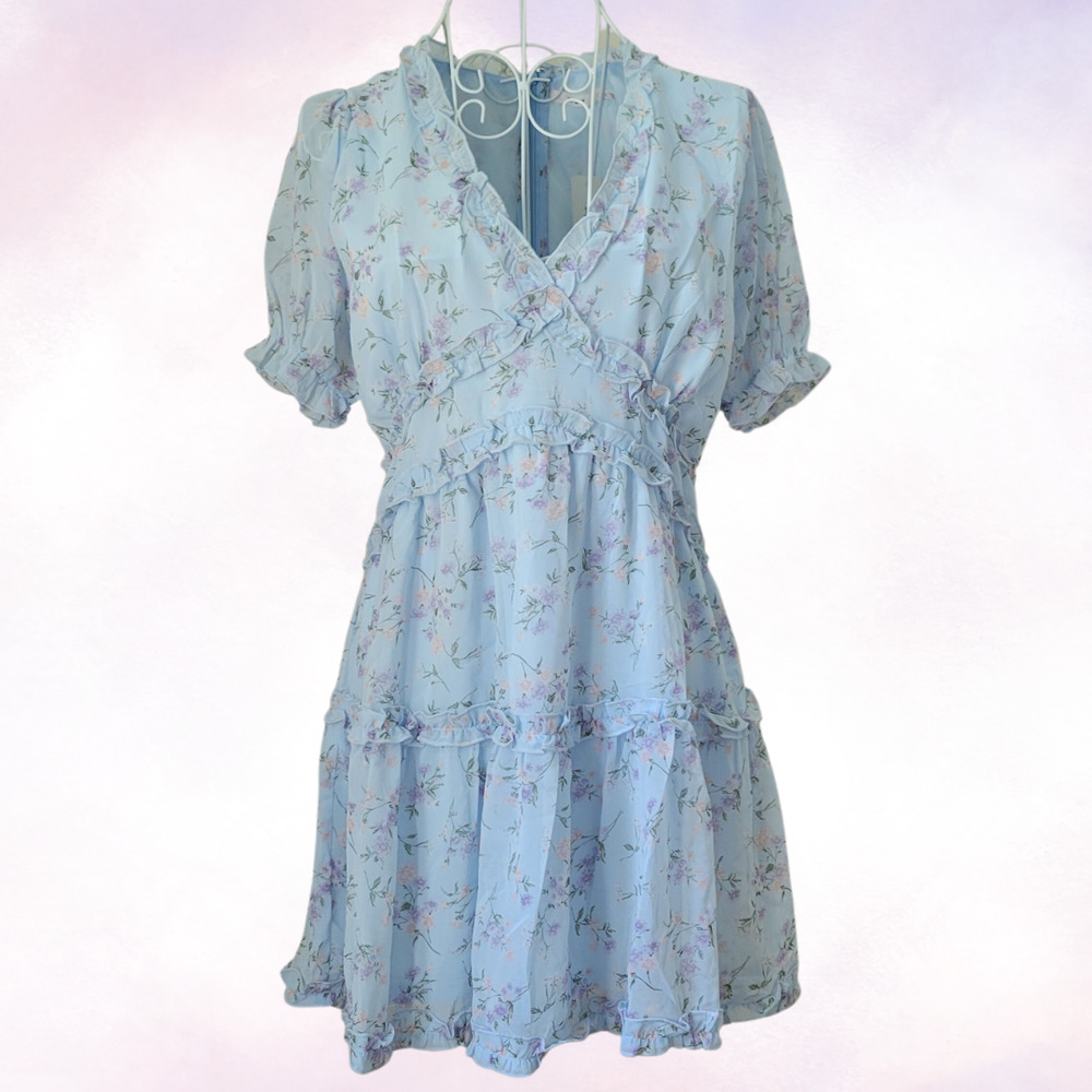 NWT Francesca's Mi Ami Emily Blue Floral Ruffle Aline Dress Size Large